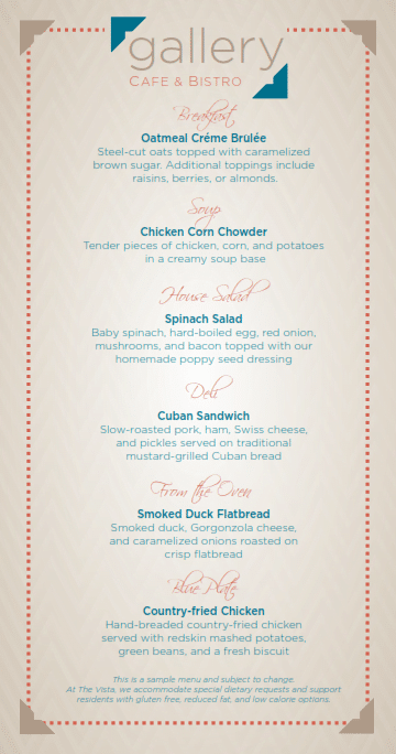 Sample menu from Gallery Café & Bistro