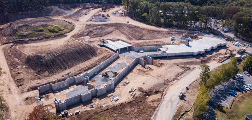 Aerial view of construction progress